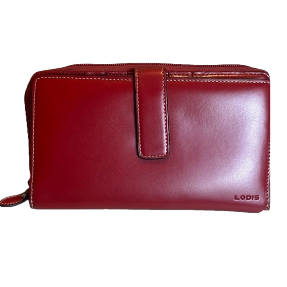 Lodis Handbags - RED VINYL BI-Fold women’s wallet with snap-tab closure. EUC